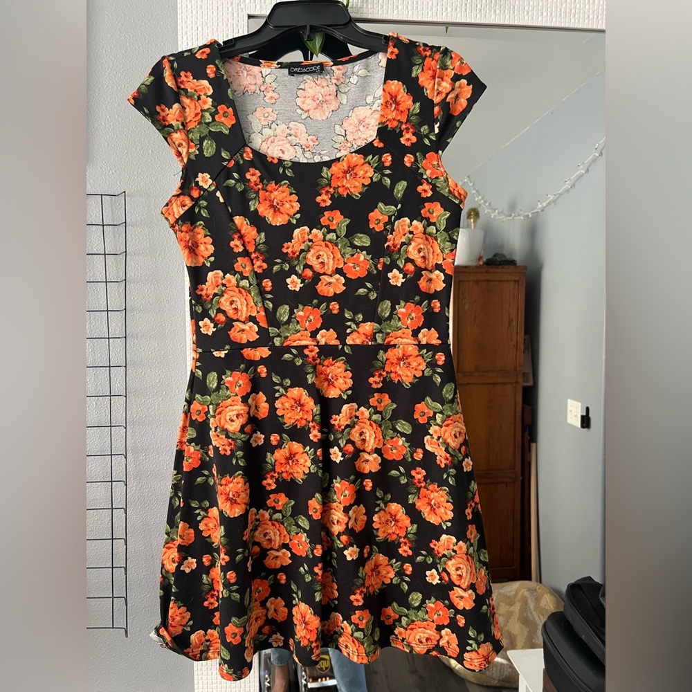 Orange and Black Fit and Flare Mini Dress with Flutter Cap Sleeves
